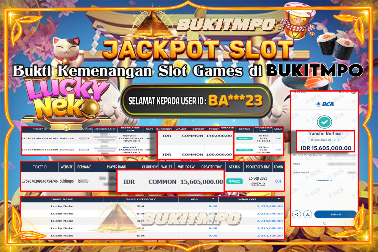 BUKITMPO JACKPOT LUCKY NEKO - PG SOFT Rp.15.605.000,- LUNAS